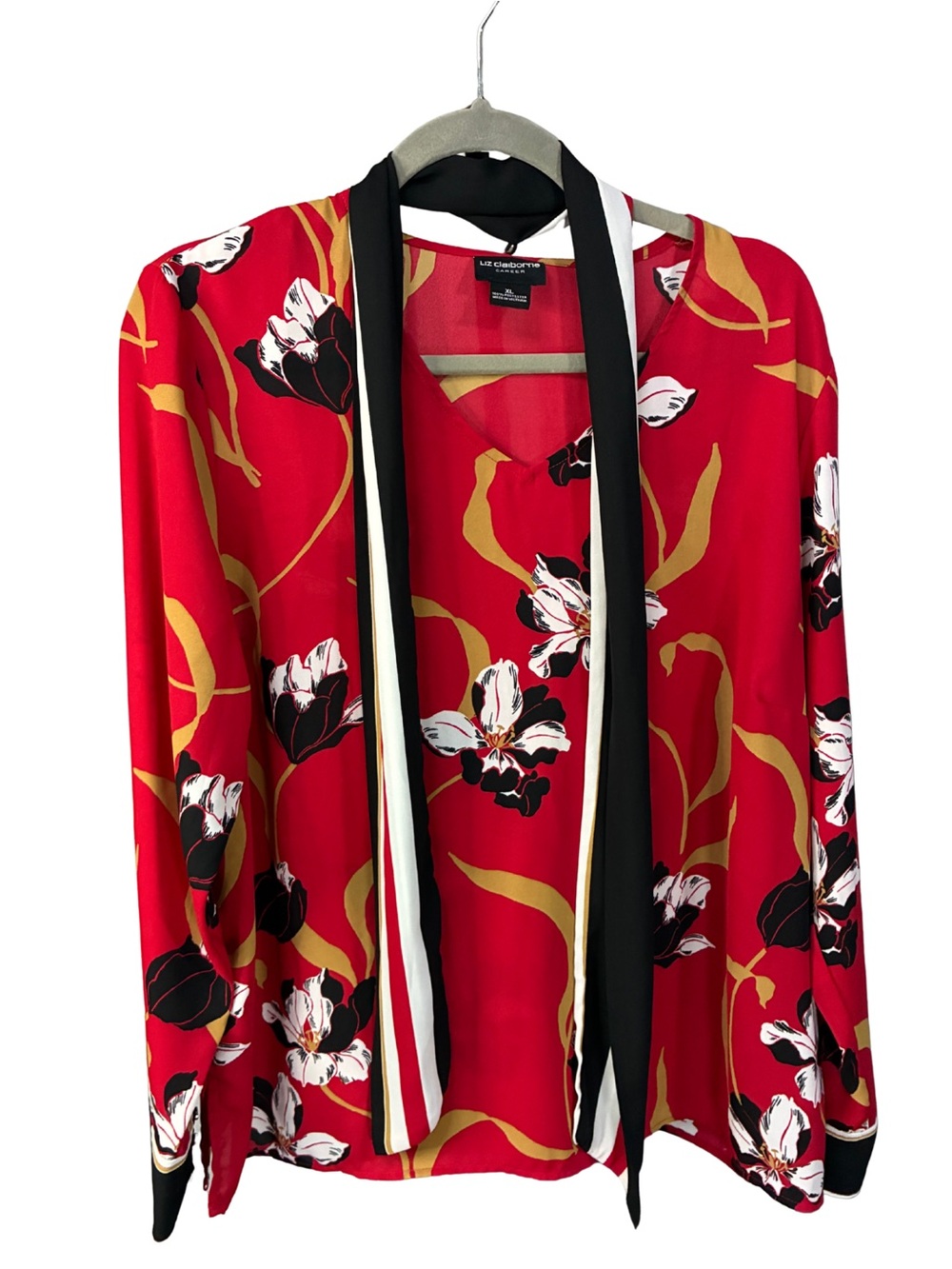 Liz Claiborne Red Floral Open Cardigan with Black & White Trim